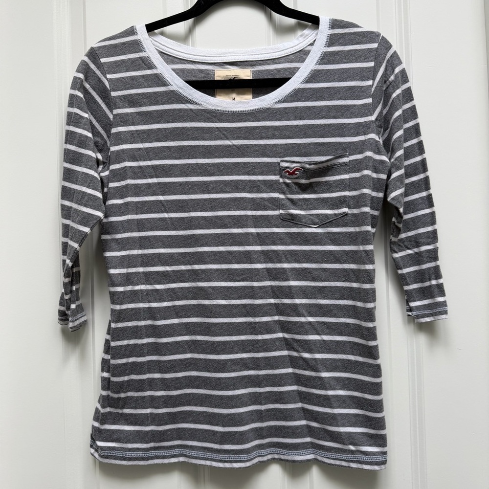 HOLLISTER 3/4 SLEEVE POCKET SHIRT STRIPES GREY WHITE MEDIUM